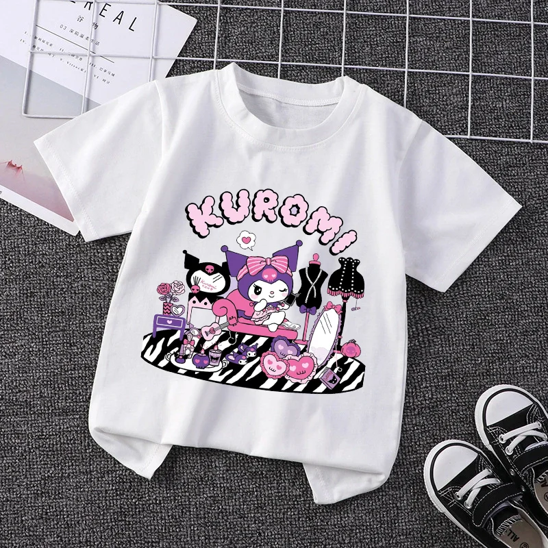 Kuromi Kids Clothing Cute Girl Cotton T Shirt Boy White Cartoon Anime Tees Baby Summer Shirts Cute Printed Tops Costume Gift