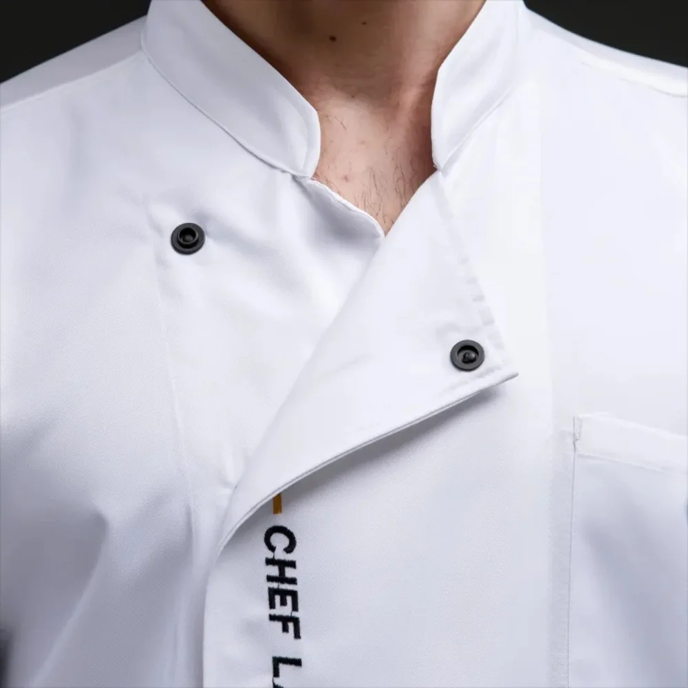 Jaquetas de chef de manga comprida, uniforme de chef de cozinha, restaurante, logotipo personalizado, camisa, serviço de padaria, vestido de chef respirável, avental branco masculino