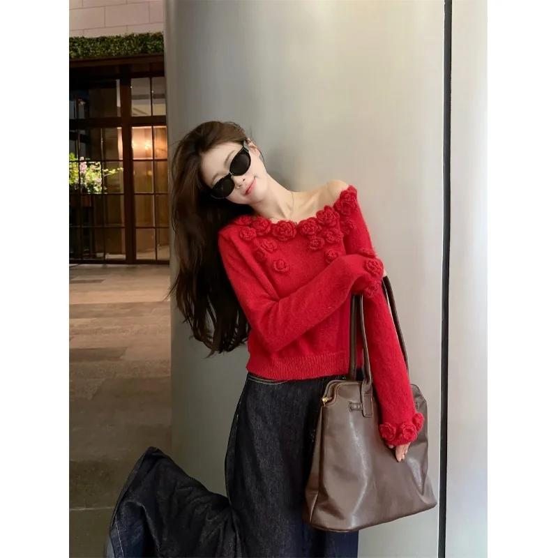 Kimotimo Autumn Winter 3D Flower Off Shoulder Sweater Women French Sexy Slim Long Sleeve Short Pullover Fashion Y2k Knitwear Top