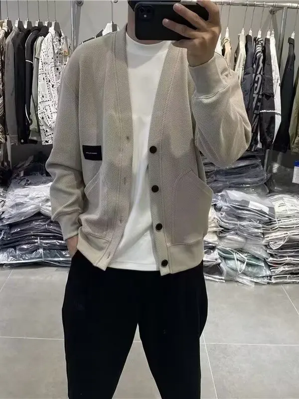 

Мужской модный кардиган с V-образным вырезом, повседневный универсальный свитер на весну-осень, однотонный вязаный жакет из полиэстера для молодежи