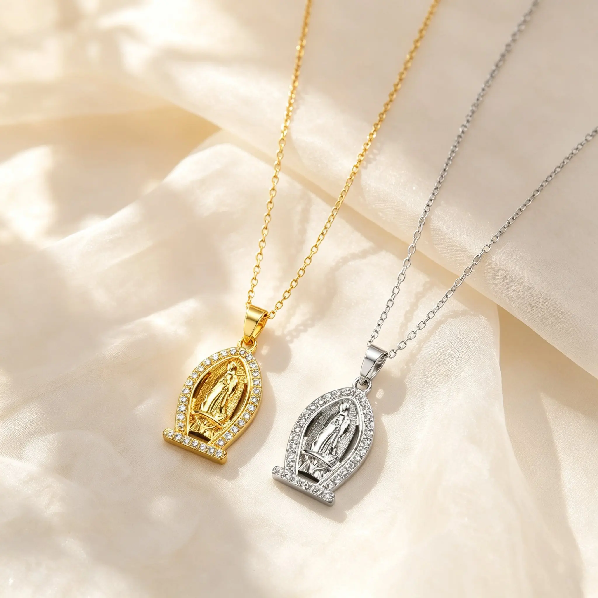 Luxury Gold Plated Virgin Mary Necklace, Stainless Steel Religious Zircon Geometric Pendant Necklace, Elegant Vintage Jewelry