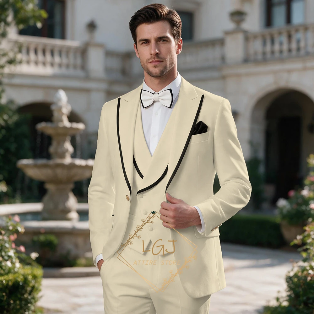 Men's Single Breasted 3 Piece Suit Set Custom Size Tailored Black Piping Trim Formal Wedding Groom Ceremony Jacket Vest Pants 3