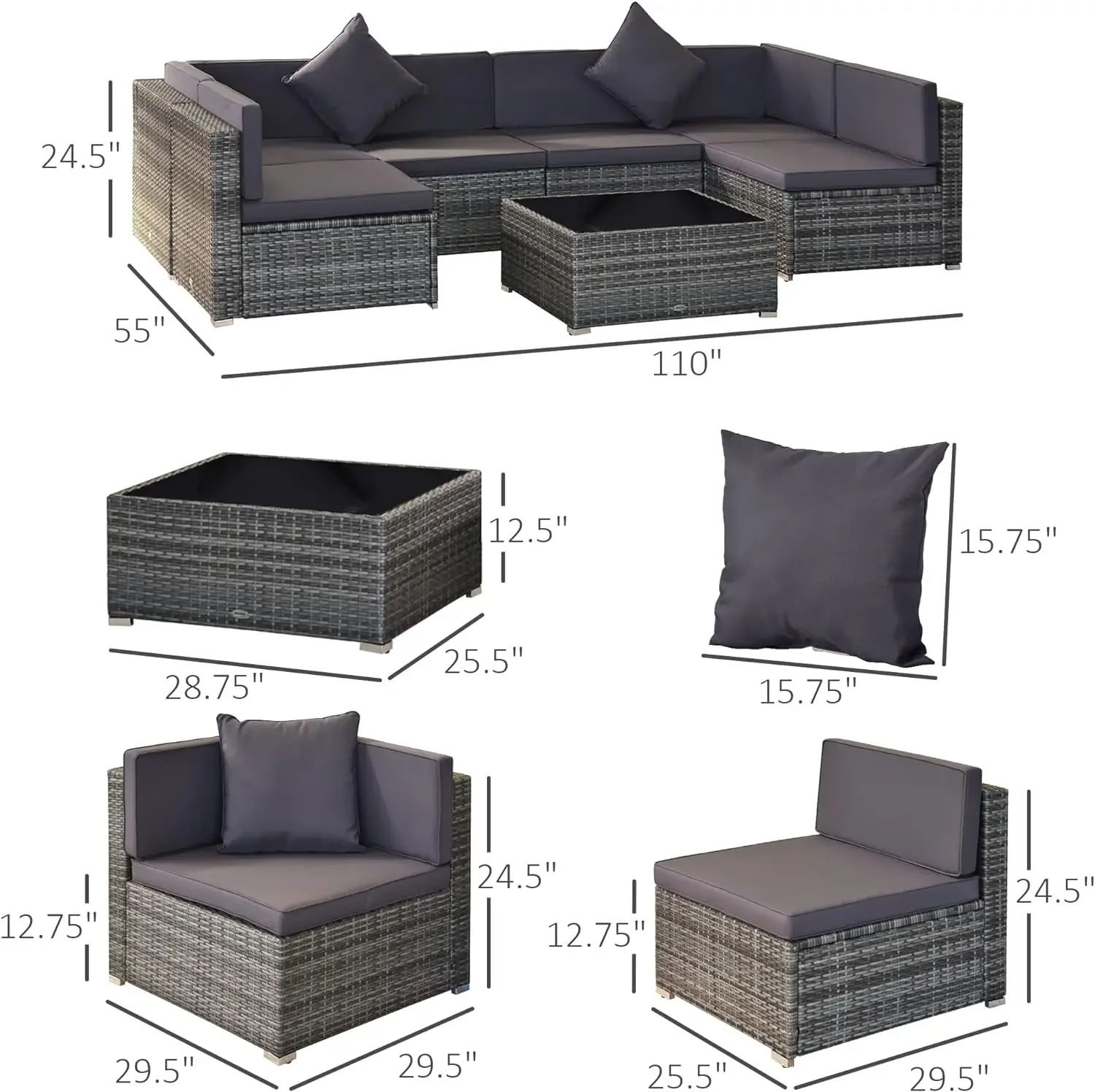 Set furnitur teras 7 potong, Set percakapan anyaman luar ruangan semua cuaca PE rotan dengan Bantal & Desktop