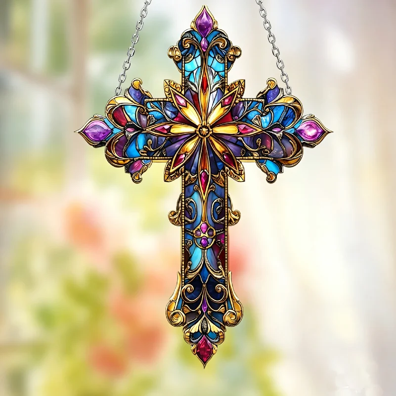 Gothic Floral Stained  Cross Suncatcher ,Made of Acrylic, Religious Christian Easter Gift for Home Garden