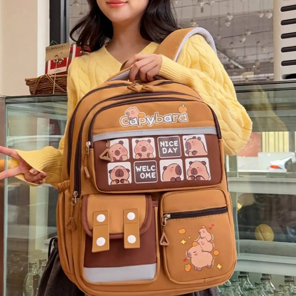 Large Capacity Capybara Backpack Nylon Adjustable Strap Cute Animal Bookbag Lightweight Multi Pocket Student School Bag