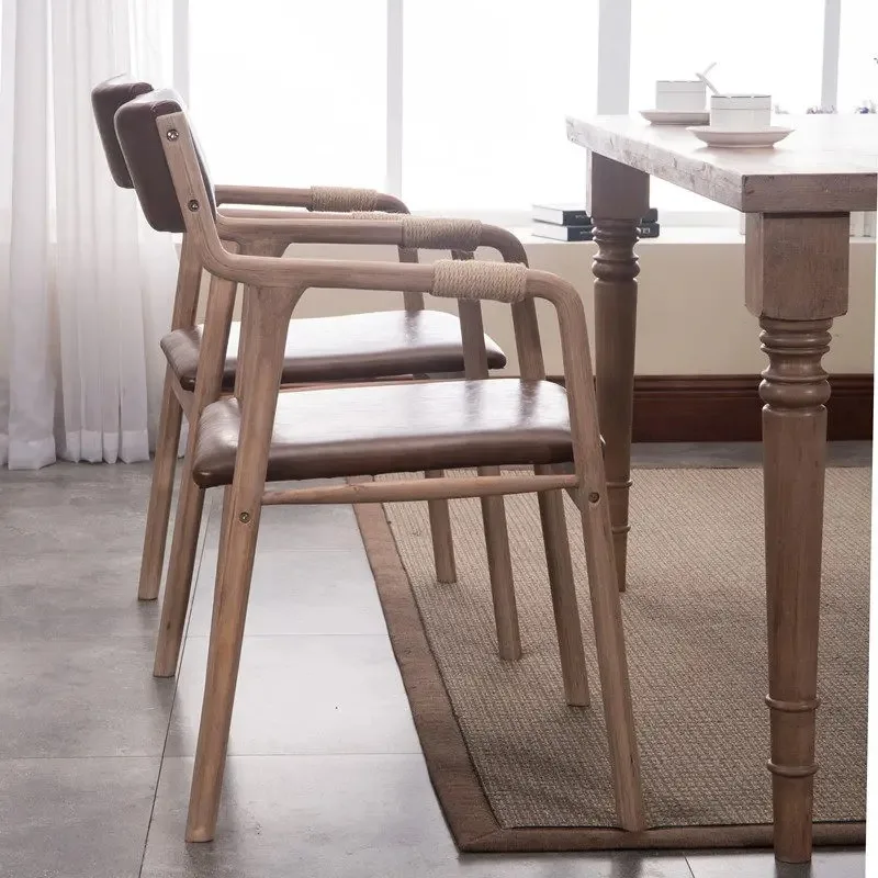 Vintage Walnut Solid Wood Dining Chair with Backrest & Armrests | Rustic Study Desk Chair for Kitchen, Living Room & Home Office