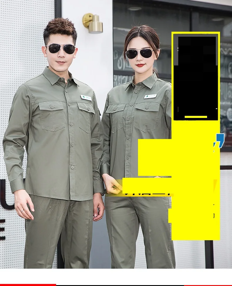 100% algodão verão roupas de trabalho mangas compridas uniformes de trabalho elétrico cor lisa verde macacão de trabalhador terno de trabalho de engenheiro