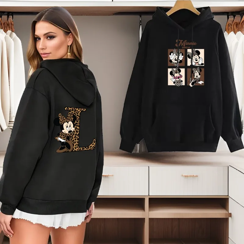 Leopard Minnie Mouse 26 English Alphabet Women Clothing Y2k Clothes Woman Clothing Sweatshirt Hoodies Woman Minnie Mouse Clothes