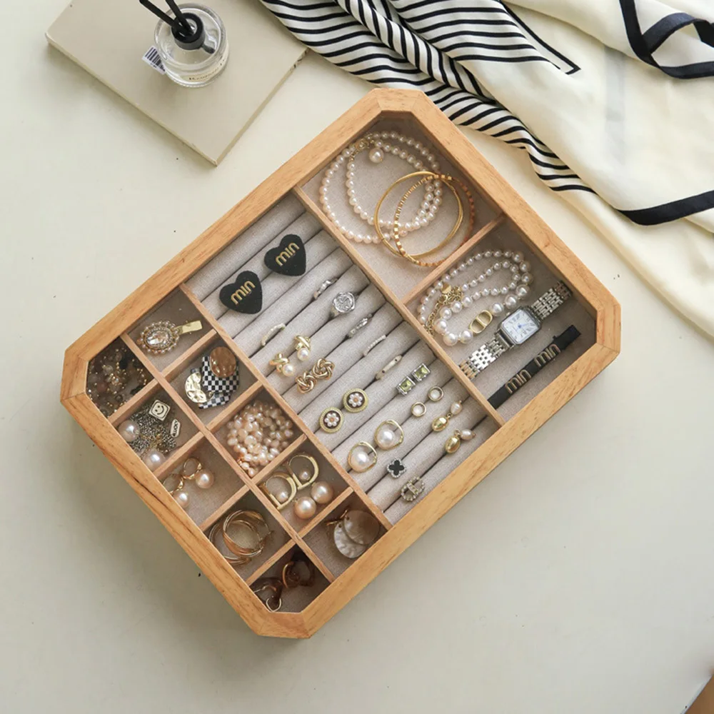 Retro Octagonal Transparent Jewelry Box Oak Earring Necklace Storage Case Bracelet Ring Organization Boxes Design Storage Box