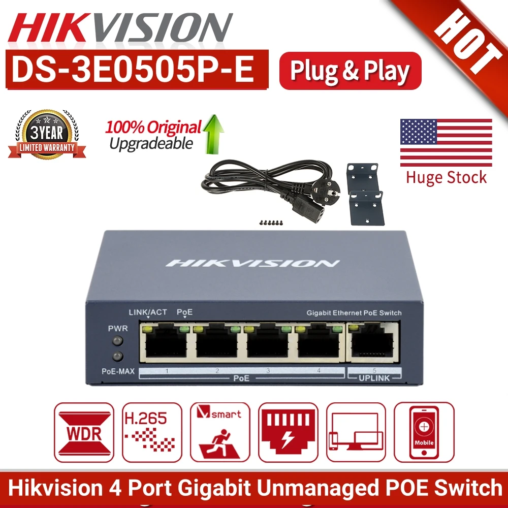 

Hikvision DS-3E0505P-E 4 Port Gigabit PoE Switch for IP Cameras Plug and Play CCTV Network Switch 60W PoE Power