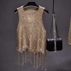Sexy Shiny Gold Silver Knitted Tank Tops Women Bling Bling Sequined Tassels Knitted Vest  Clothes