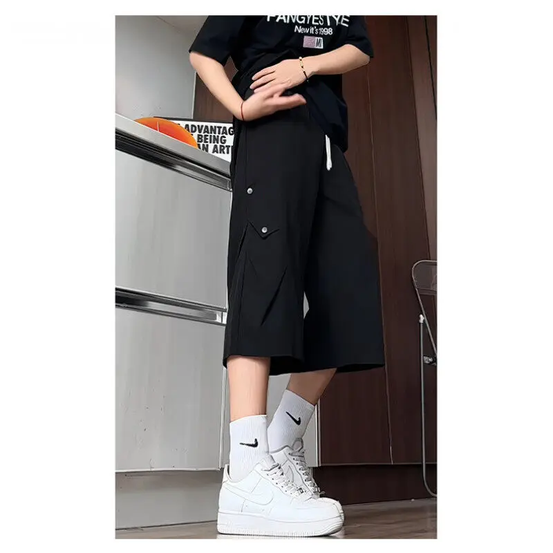 

Быстросохнущая рабочая одежда из ледяного шелка, брюки на семь футов, мужские летние тонкие модные свободные прямые шорты унисекс