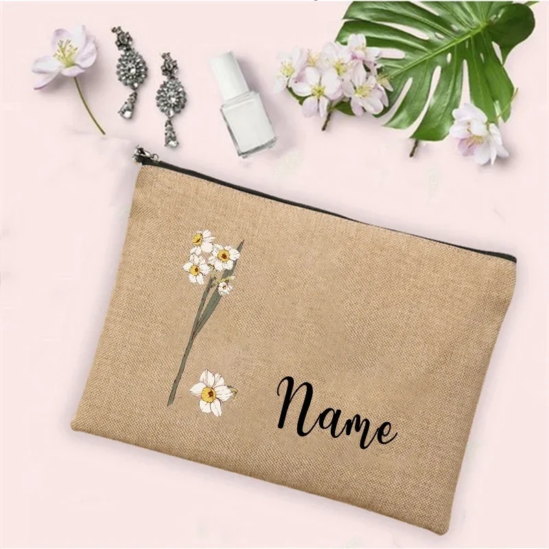 Personalized Customization birth Month Name Date Flower Makeup Bag Women Travel Makeup Zipper Handbag Toilet Toiletries Wallet