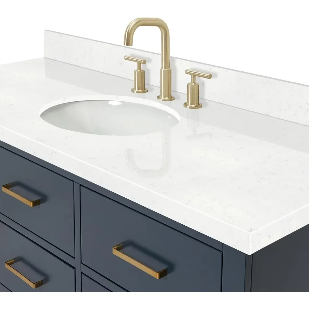 54 inch bathroom vanity, single oval sink floating wall, with Karala white quartz countertop edge, midnight blue