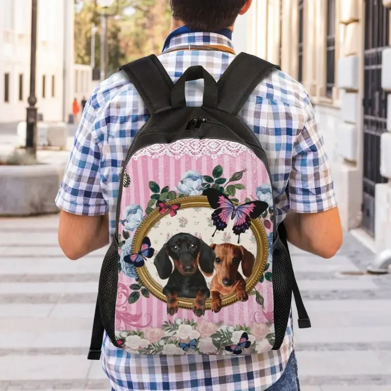 Maßge schneiderte Dackel Hund und Schmetterling Rucksack Dachs Wiener Wurst College School Reisetaschen Bücher tasche passt 15 Zoll Laptop