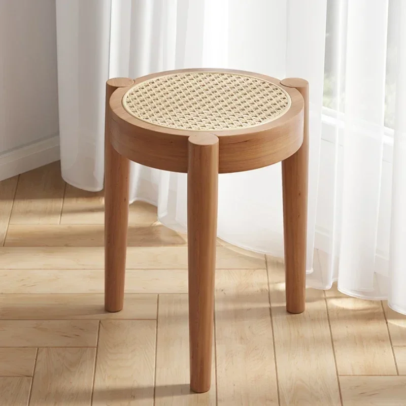 

Rattan Weaving Circular Dinning Stool Walnut Color Nordic Ins Stacked Space Saving Ottomans Dressing Chair Living Room Furniture