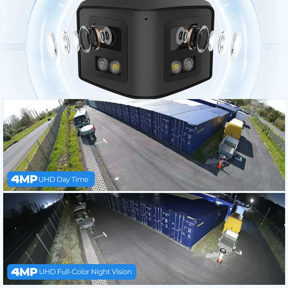 16ch POE NVR Dual-Lens Security Camera 180° Panorama Turret Color Night Vision Human/Vehicle IP67 H.265 Surveillance 2 Way Voice