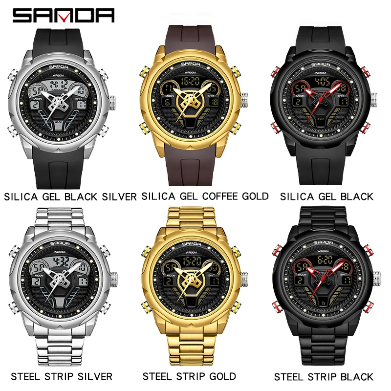 SANDA 9022 Steering Wheel Design Watch Fashion Men\'s Sport Watches Chronograph Quartz Wristwatch Military Waterproof Steel Clock