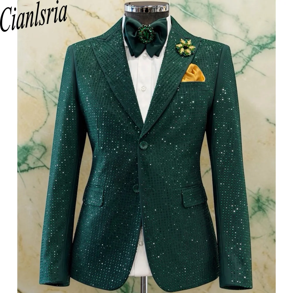 Men's Emerald Green Sparkle Tuxedo Blazer Shiny Peak Lapel Suit Jacket with Green Bowtie  Brooch & Gold Pocket Square Set