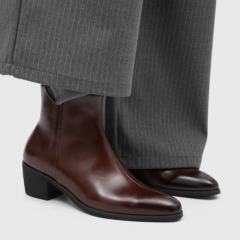 Men Simple and Fashionable High Heels Pointed Side Zipper Anti Slip Breathable Business Leisure Commuting Boots - view 3