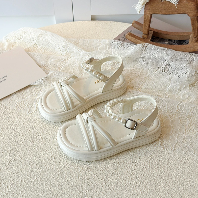 

Girls Pearls Sandals with Bow Knot Open Toe Children Summer Princess Shoes Kids Cross Roman Sandals Soft Sole Size 26-35