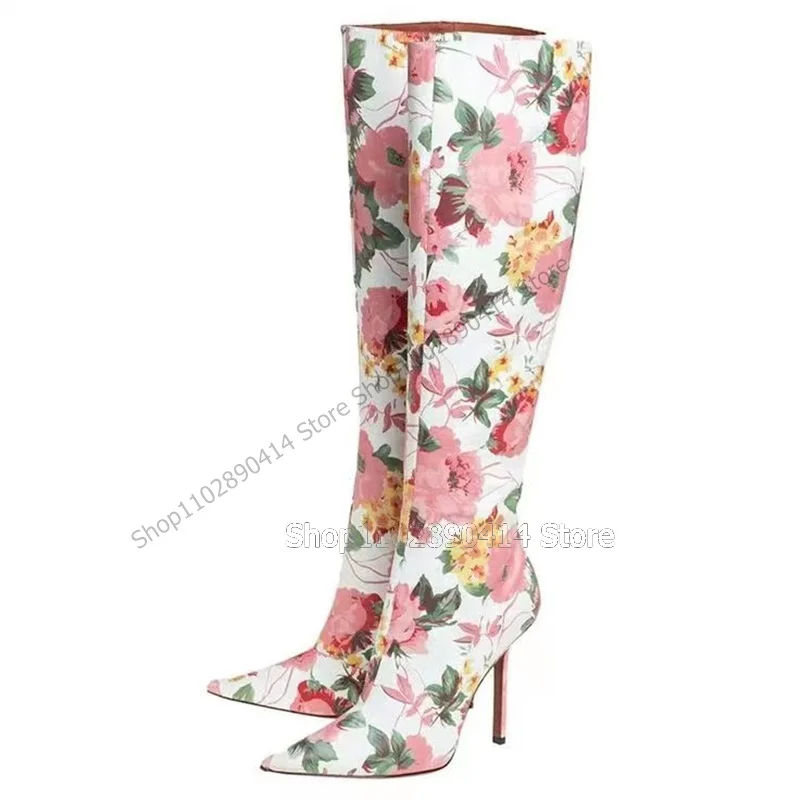 Gemengde Kleur Bloemenprint Puntige Neus Laarzen Knie Hoge Damesschoenen Hoge Hakken Mode Elegante 2023 Zapatos Para Mujere