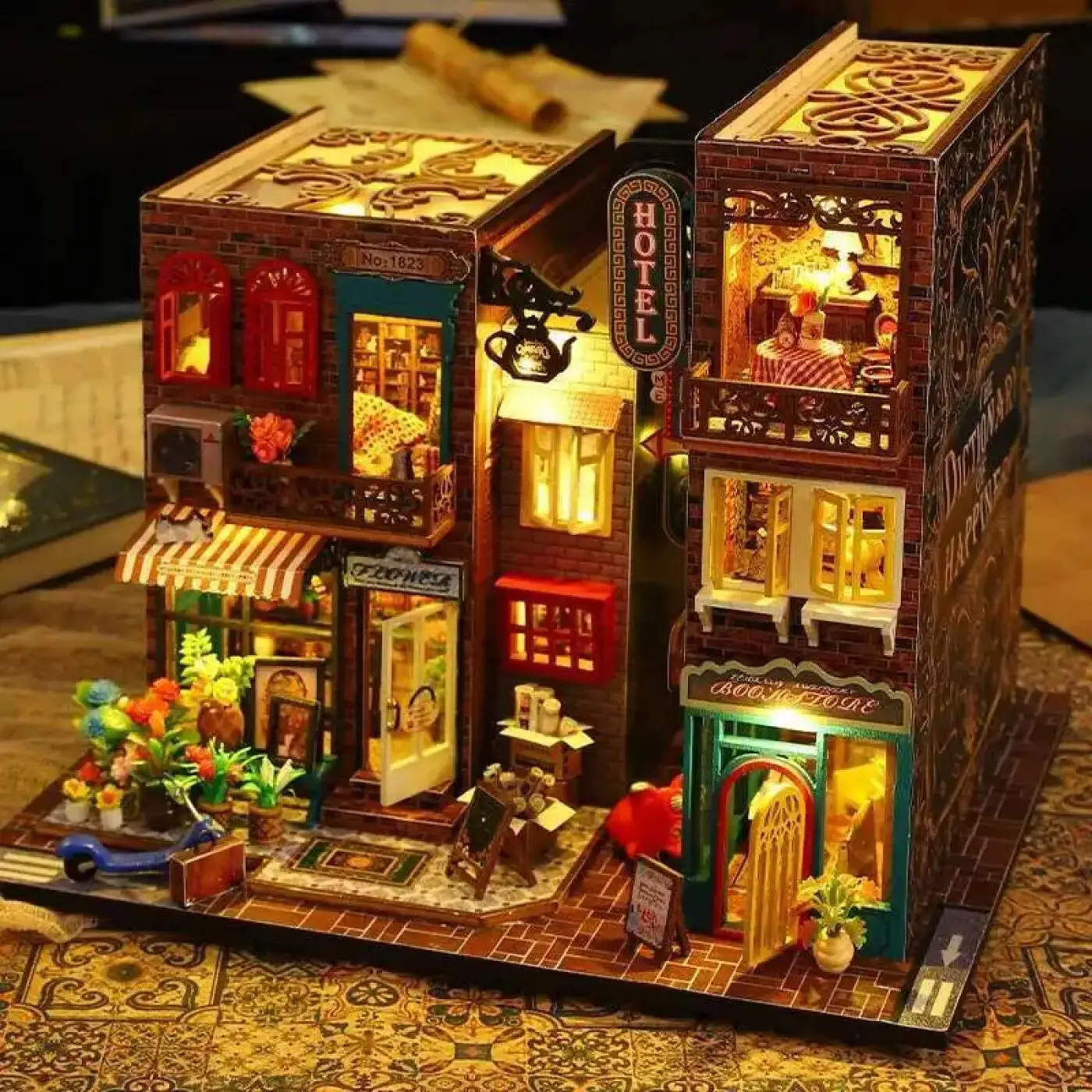 3D Wooden Shop Miniature Cottage Doll Houses DIY Assembly Model Kit Street View Building Block Puzzle House With Light Xmas Gift