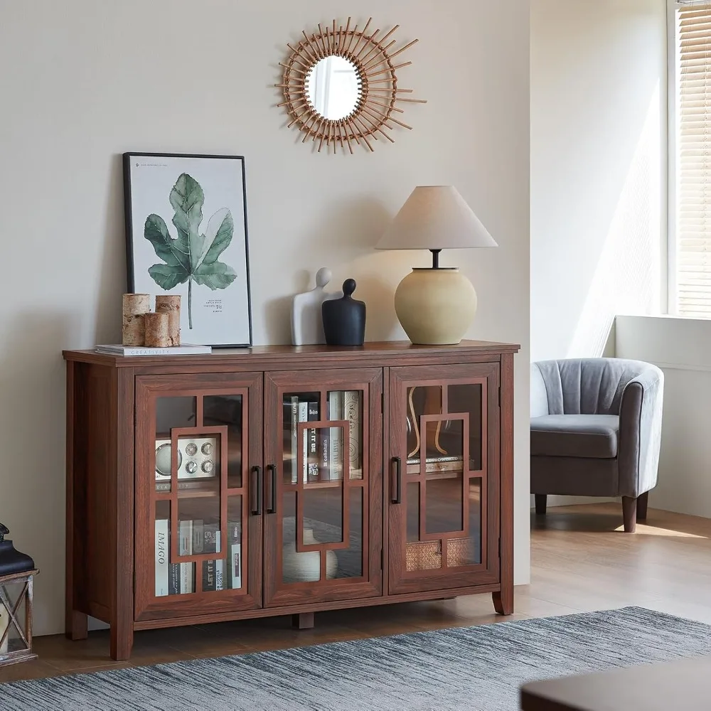 Großes Sideboard, Buffetschrank mit Stauraum, 55 Zoll Bauernhaus-Küche, Kaffee-Weinbar-Schrank mit 3 Glastüren, Holz aus der Mitte des Jahrhunderts