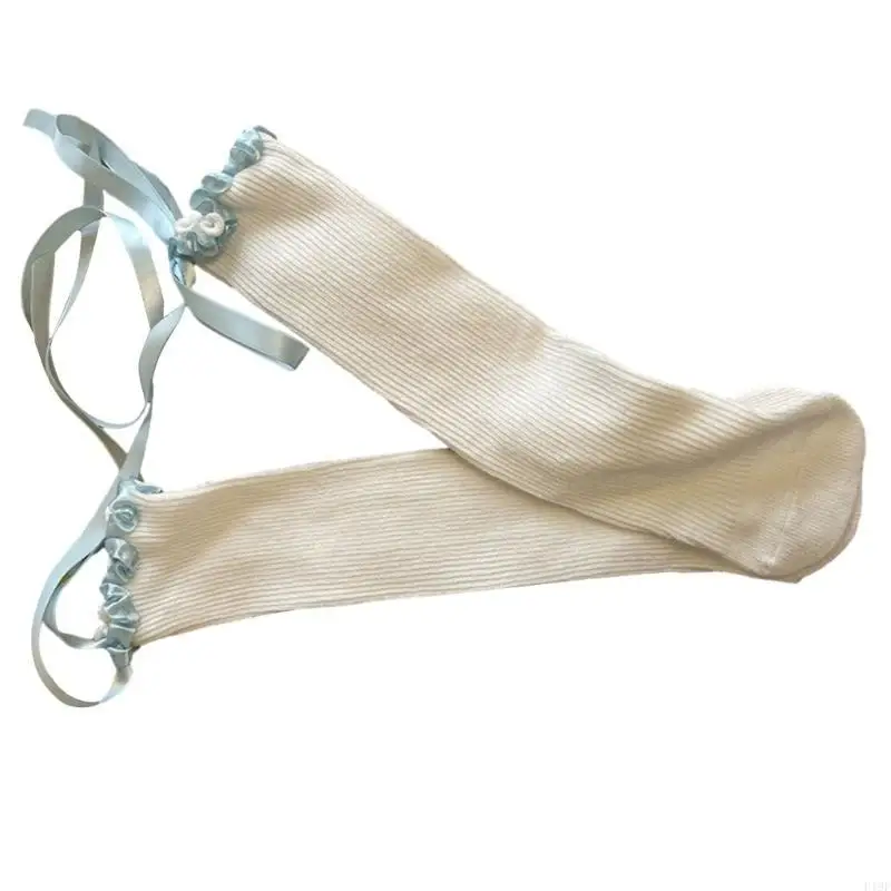 

F19F Breathable Lace Up Bowtie Socks Loose Knee High Socks Girl School Uniform Socks
