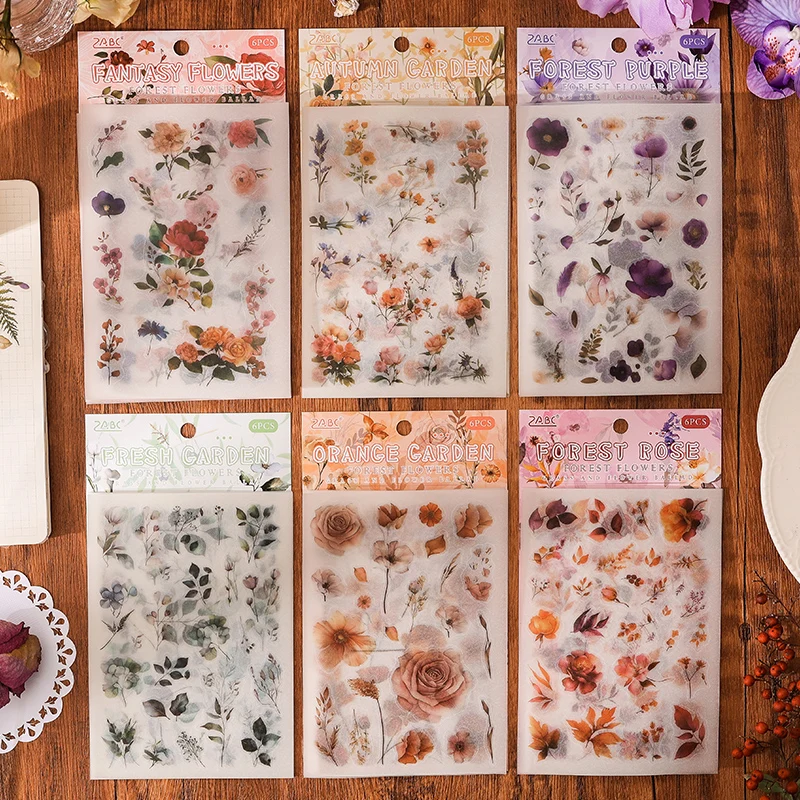 Card Lover 6 Pcs [Memory Frame Scene Series] Salt Based Retro Plants And Flowers Tracing Paper Sticker Material Scrapbook Kit