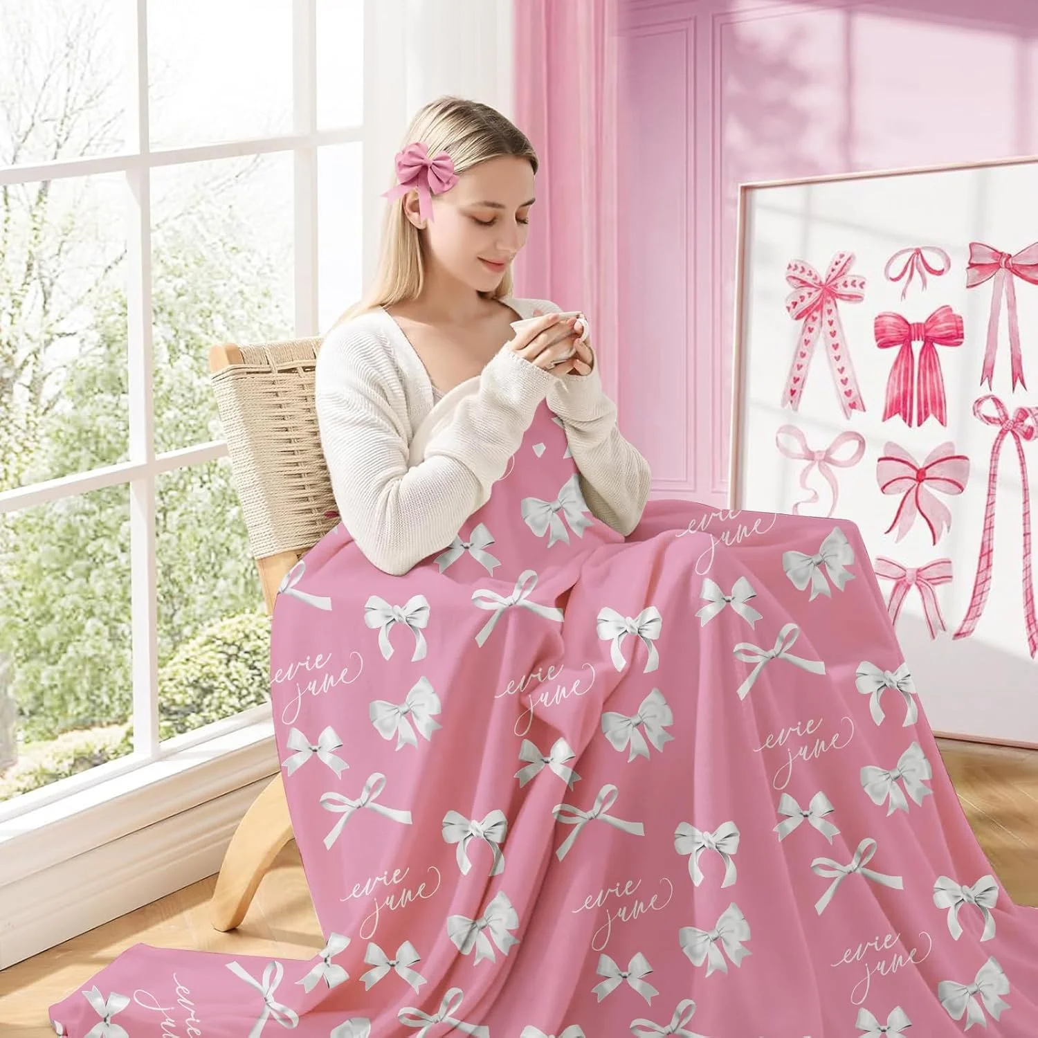 VIKAMA Spring Pink Bow Blanket Teenage Girl Blanket Teenage Child Soft Flannel Lightweight Blanketthrow Blanket for Couch