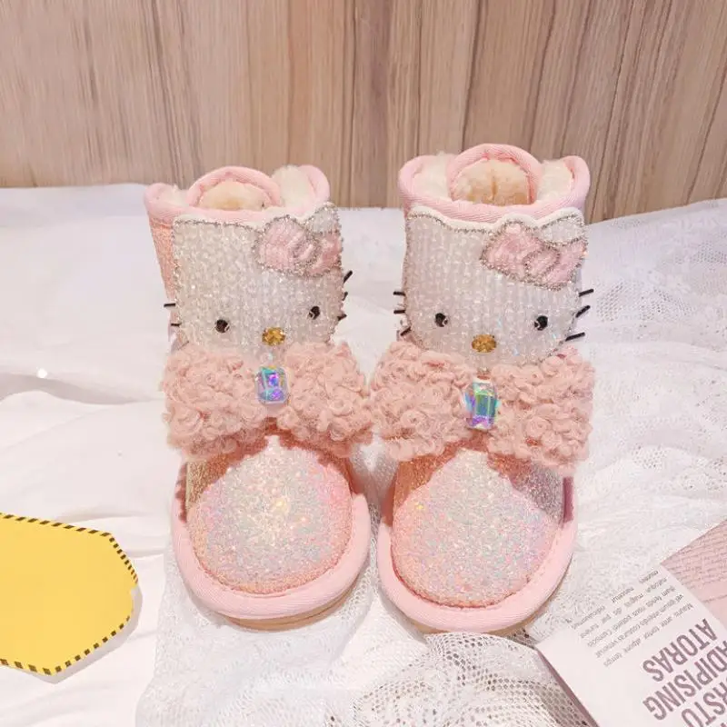 Sanrio Shoes Hellokitty Winter New Cute KT Cat Pink Snow Boots Short Boots Children\'s Shoes Bowknot Thickened Warm Keeping Girl