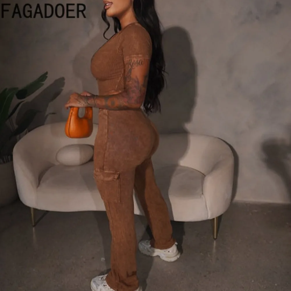 FAGADOER New Rib 2 Piece Sets Outfit Women Short Sleeve Zip Crop Top And Pockets Patchwork Pants Suits Fashion Sport Streetwear