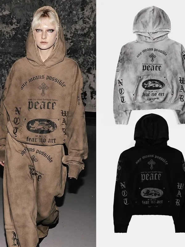 سترة بقلنسوة مطبوعة بأحرف أمريكية مصبوغة، سترة فضفاضة للشارع للنساء، كاجوال مريحة من القطن، معطف طويل Sve