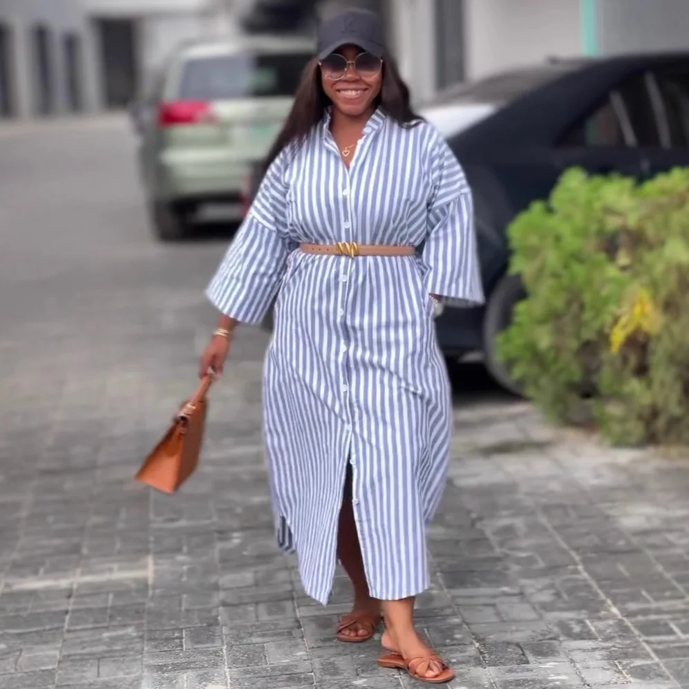 فستان نسائي طويل فساتين قميص عالية الخصر من Vestidos Y2k ملابس الشارع مخططة أنيقة بأكمام قصيرة للحفلات الليلية والعمل غير الرسمي #2