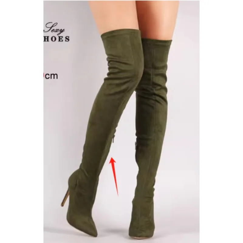 

Womens Boots 11cm Thin Heel Side Zipper Over-the-knee Boots Pointed Toe Stretchy Flock Sexy Lady Boots Candy Color Women's Shoes
