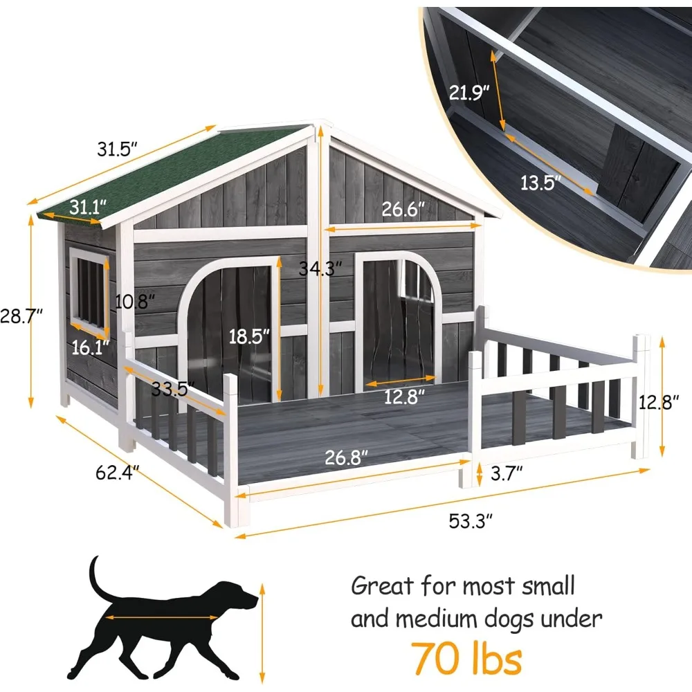 Wood Large Outdoor Dog House Cabin Style Elevated Pet Shelter with Porch Deck, Weatherproof Dog House for Small & Medium Dogs