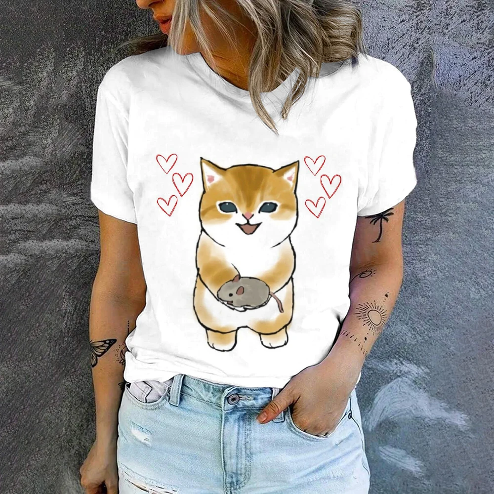 Elegant Casual Comfortable Round Neck Short Sleeve Cute Cat Print Fashion T-shirt Summer Breathable Loose Women\'s Short Sleeve