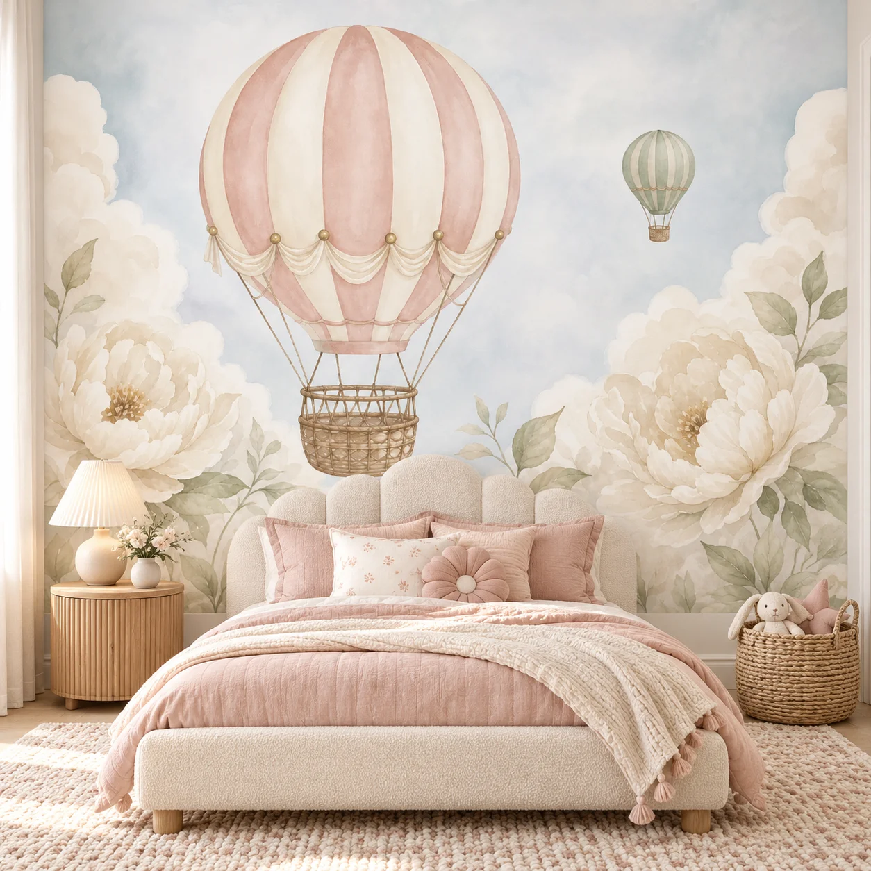 Hot Air Balloon Wall Mural Soft Watercolor Floral Clouds Nursery Wallpaper for Baby Girl Bedroom Kids Playroom Non Self Ad