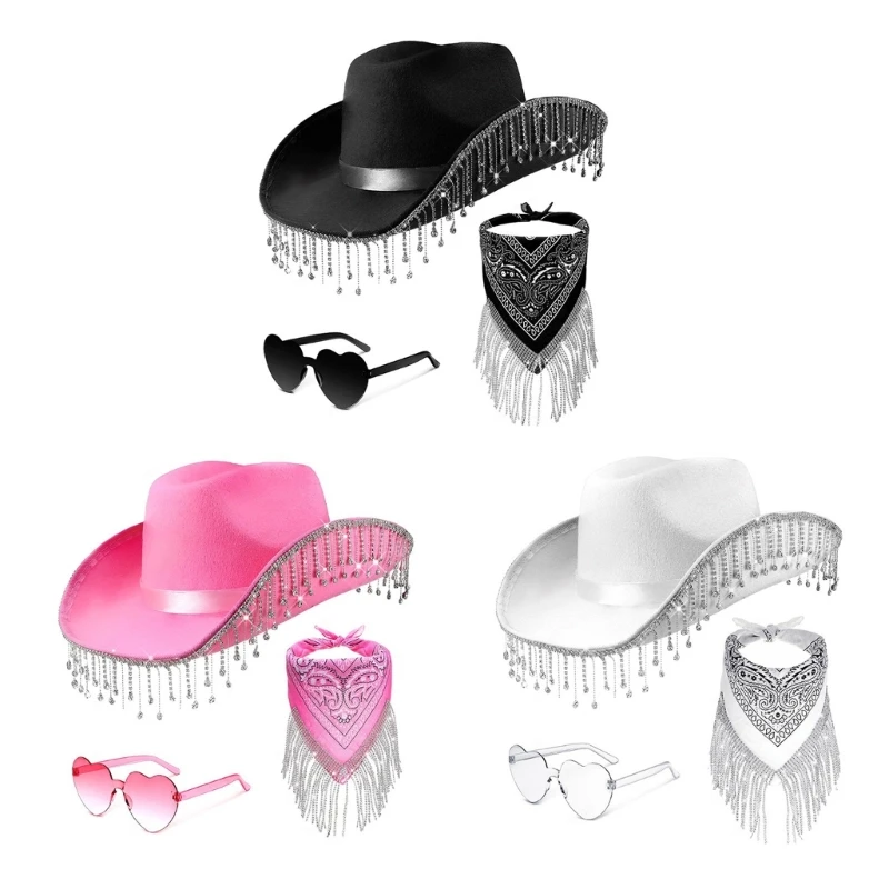 

S1Y1 Tassels Cowboy Costume Western Wide Brim Hat Neck Scarf Sunglasses Set Cosplay Party Costume Accessories 3pcs