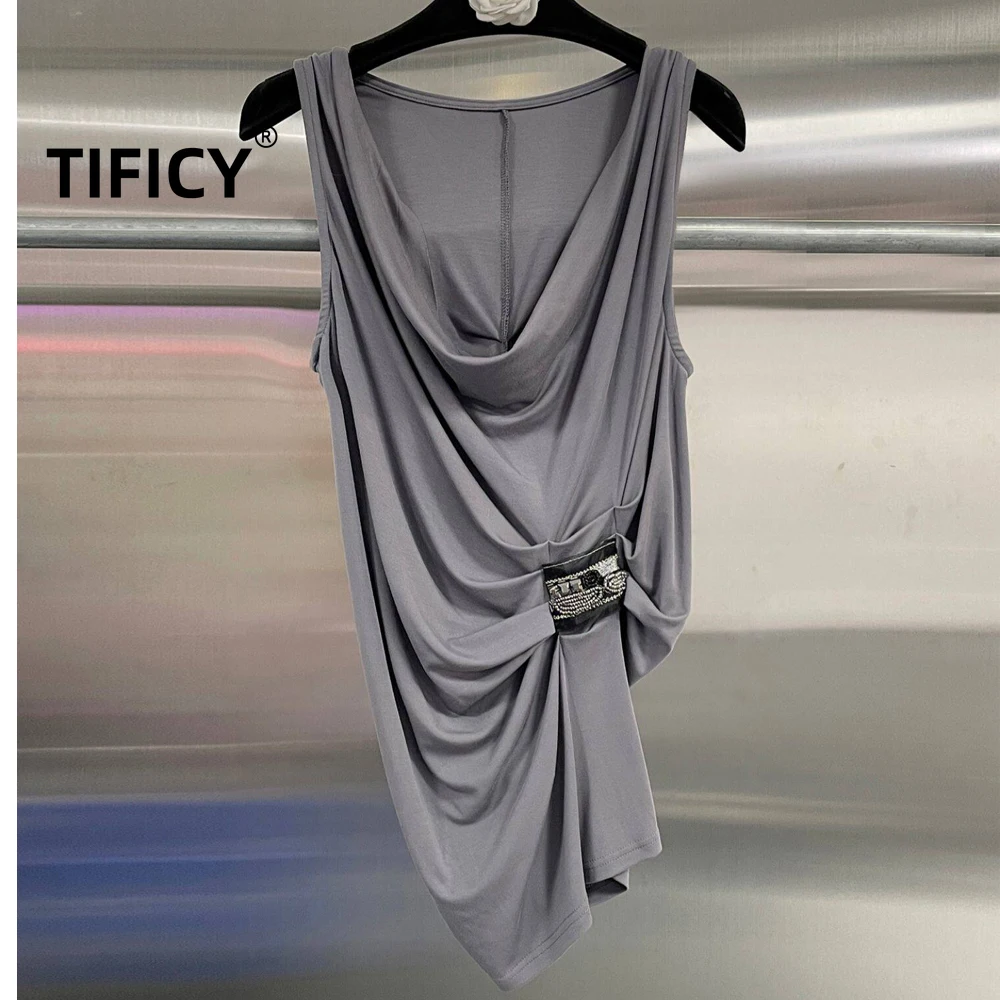 

Женский сексуальный топ-майка с низким вырезом и бусинами, серый пуловер без рукавов, уличный стиль, танк-топ, камизоль