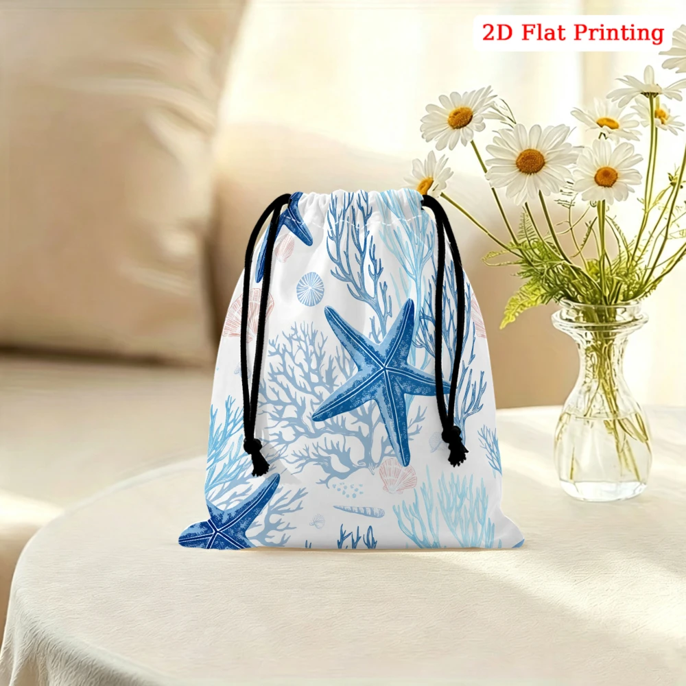 1Pc Marine Style Drawstring Bag Blue White Starfish Coral Pattern Storage Small Pouch For Travel Jewelry Glasses Organizer Porta