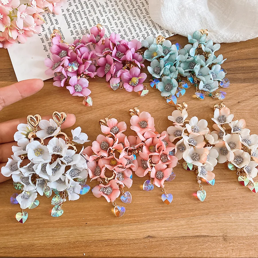 Fabric floral tassel resort style earrings