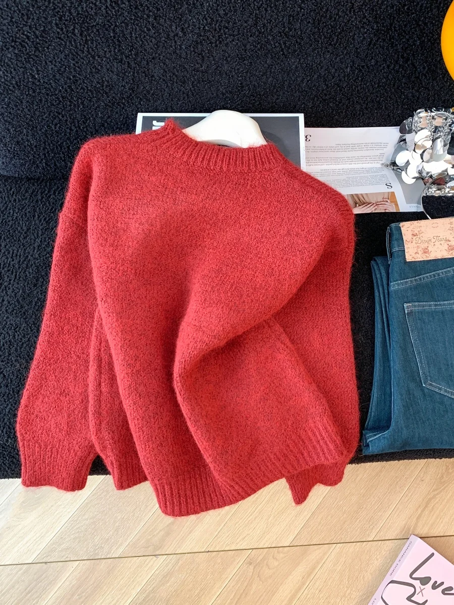 Cisas السنة الجديدة Aosphere الأحمر محبوك سترة المرأة فضفاضة مستديرة Ne لينة كسول Sle الدافئة الدب خنزير الحيوان نمط