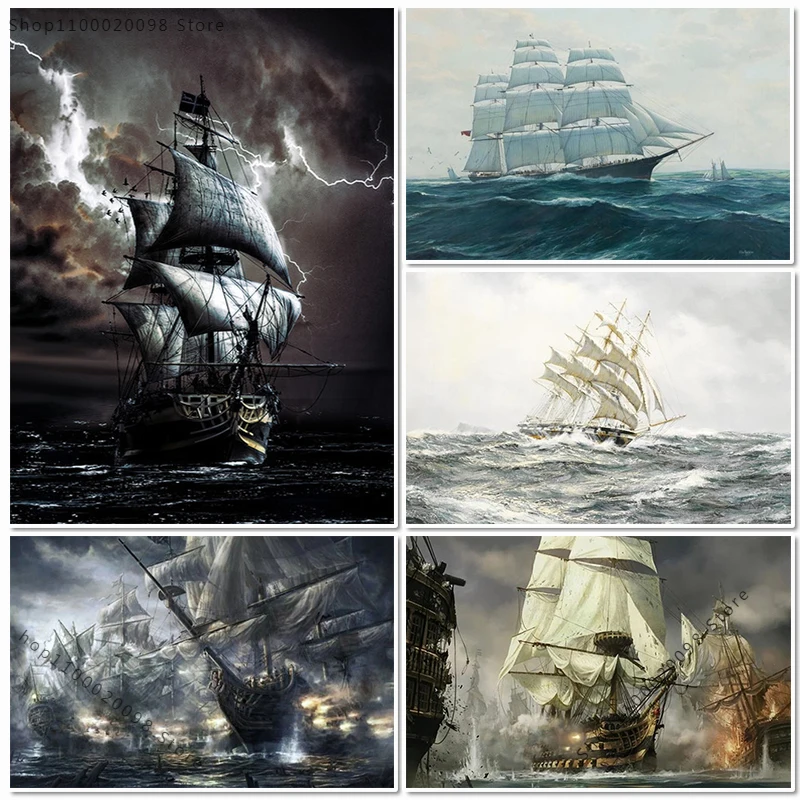 Retro Pirate Ship Sailing Sea Sailing Boat Storm Seascape Poster Canvas Painting Wall Art Picture HD Printed Room Home Decor