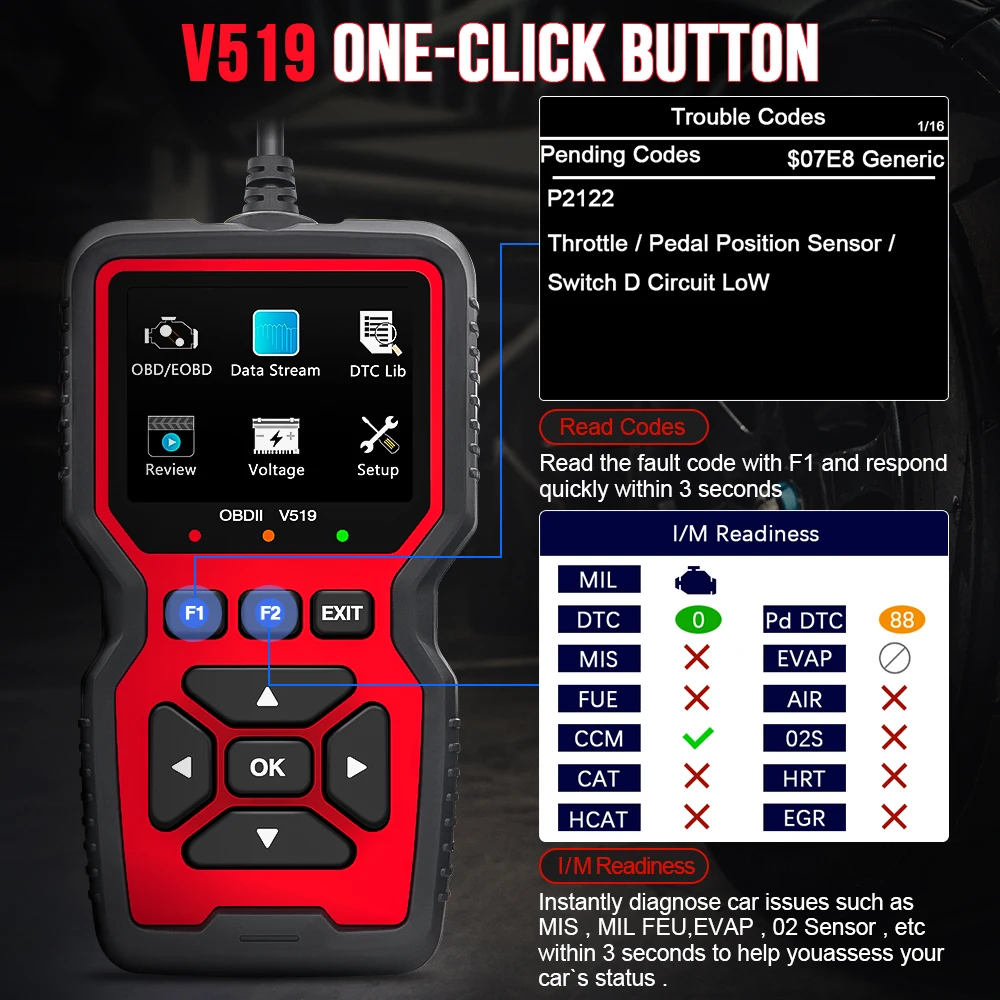 V519 OBDII Code Reader Live Data Read Clear DTC O2 Sensor Diagnostic Tool Voltage Tester Check Engine OBD Car Scanner