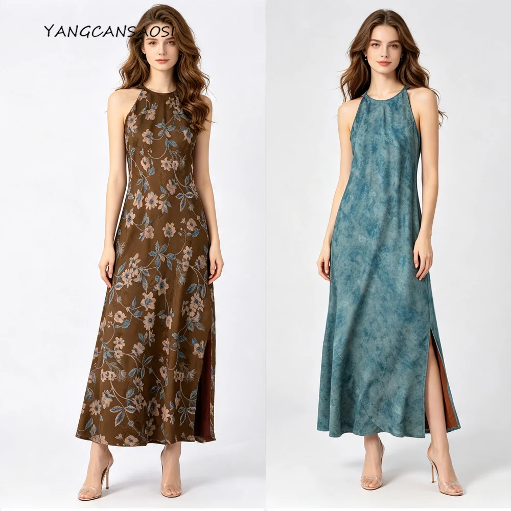 Women's Summer New 100% Natural Mulberry Silk Fragrant Cloud Yarn Breathable Full Hole Luo Jacquard Slant Cut Grass Dyeing Dress