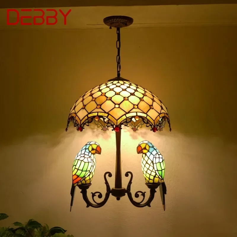 DEBBY Tiffany Parrot Chandelier Vintage Creative Color Glass Living Room restaurant Bedroom Hotel Corridor Pendant Lamp