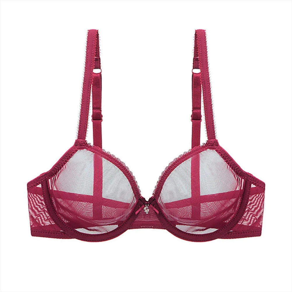 New Red Transparent Bras For Women Plus Size Sexy Lingerie Push Up Lace Mesh Girls Bra Top See Through White Black 40 42 A B C D