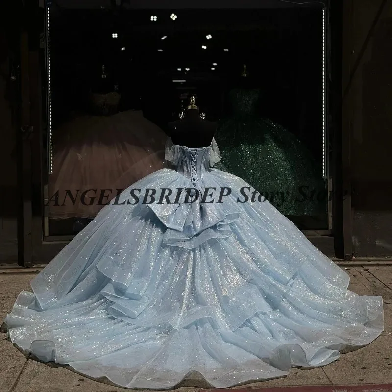 ANGELSBRIDEP Mexico Sky Blue Quinceanera Dresses Off Shoulder Formal Ball Gown Beads Tulle Party Dresses Vestido De 15 Anos 2024